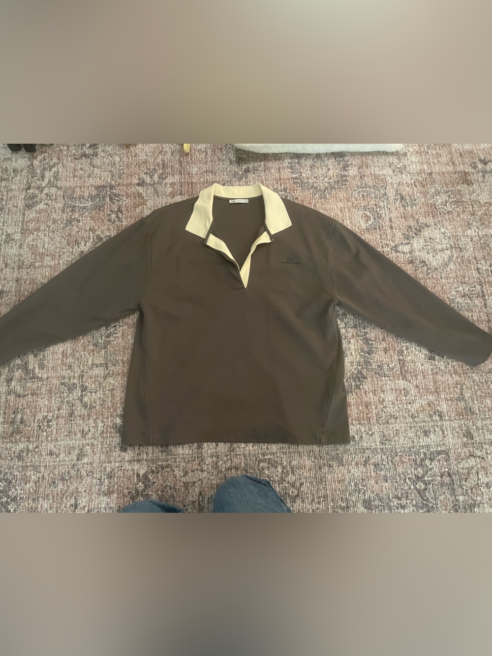 Zara taupe/brown polo top with cream collar